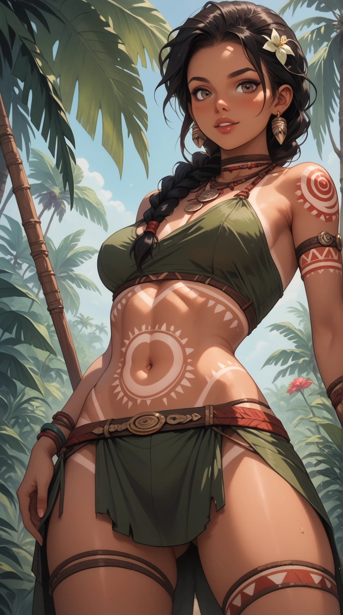 from below , in the jungle ,  pov into a hole in the ground, outside the trap is a strong young women, hunter, tanned skin , black hair , long braid, with a spear , wearing primitiv clothes, barely covering, tribepaint, red_bodypaint