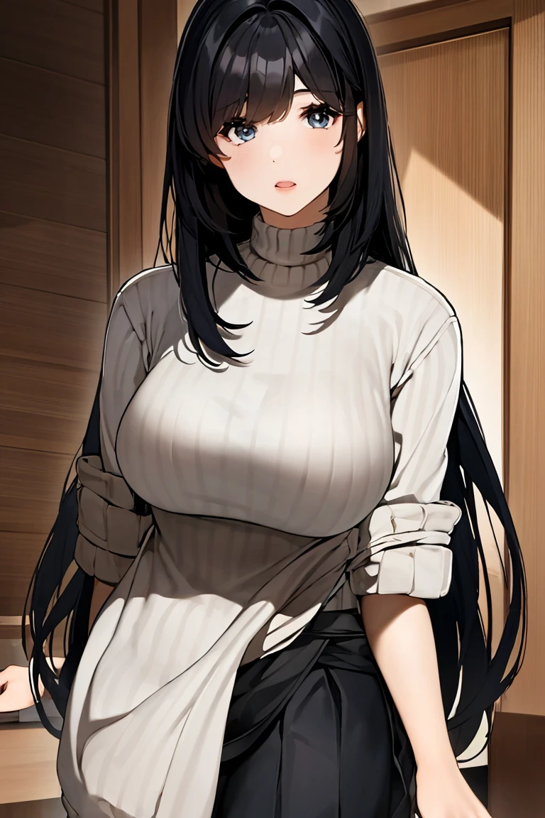  long straight black hair up to the waist　 fluffy hair 　 voluminous hair　 asymmetry bangs 　 first half of 30　 knitted sweater　