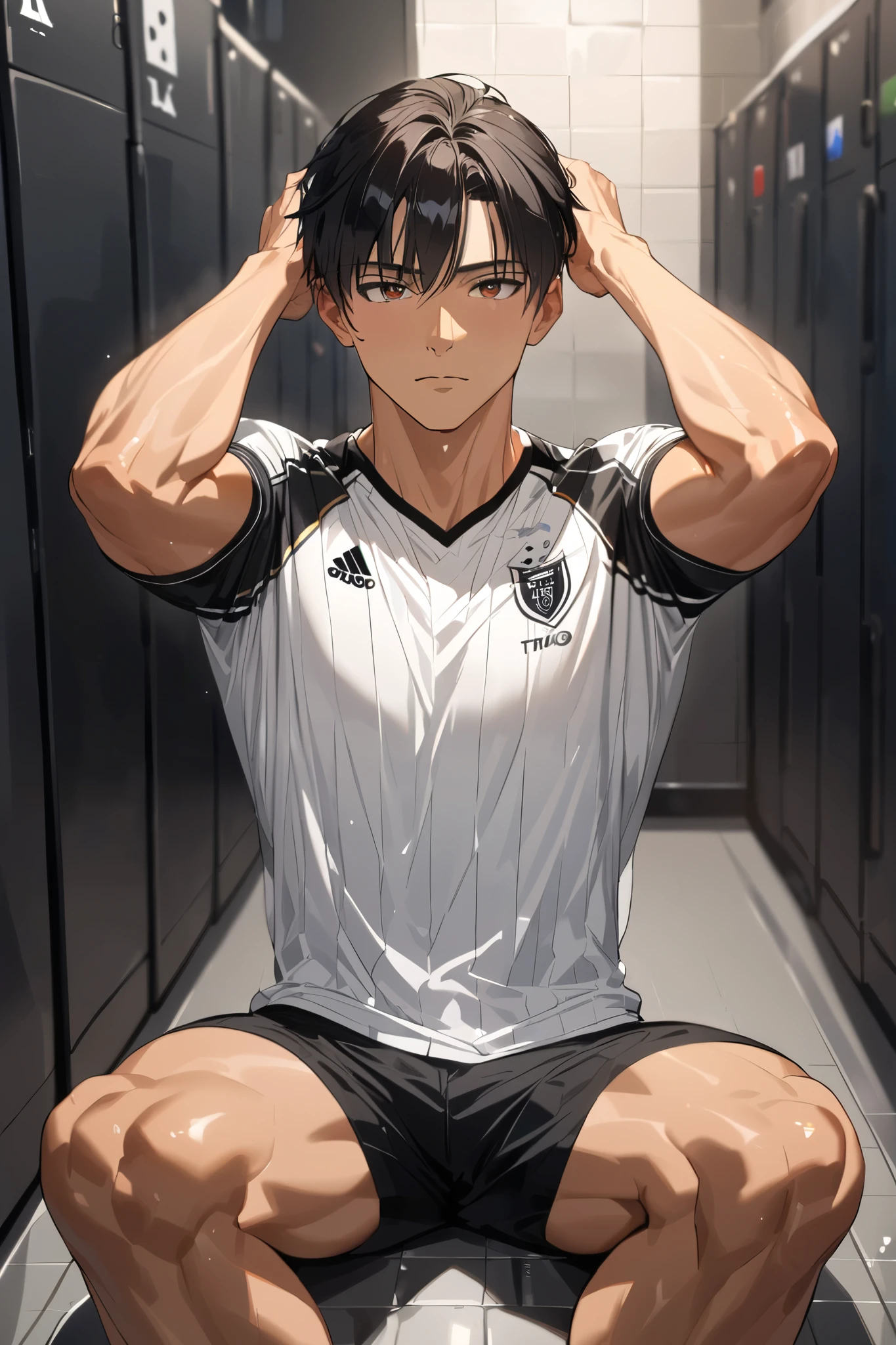 masterpiece, best quality, Detailed Eyes, Man, sexy, boyish, handsome, muscular, medium hair with bangs, looking at viewer, black hair, soccer uniform, Locker room, Asian, shaved, dark brown eyes, full body, sitting down, Short-sleeve, one's hands behind one's head, A bit of tan,