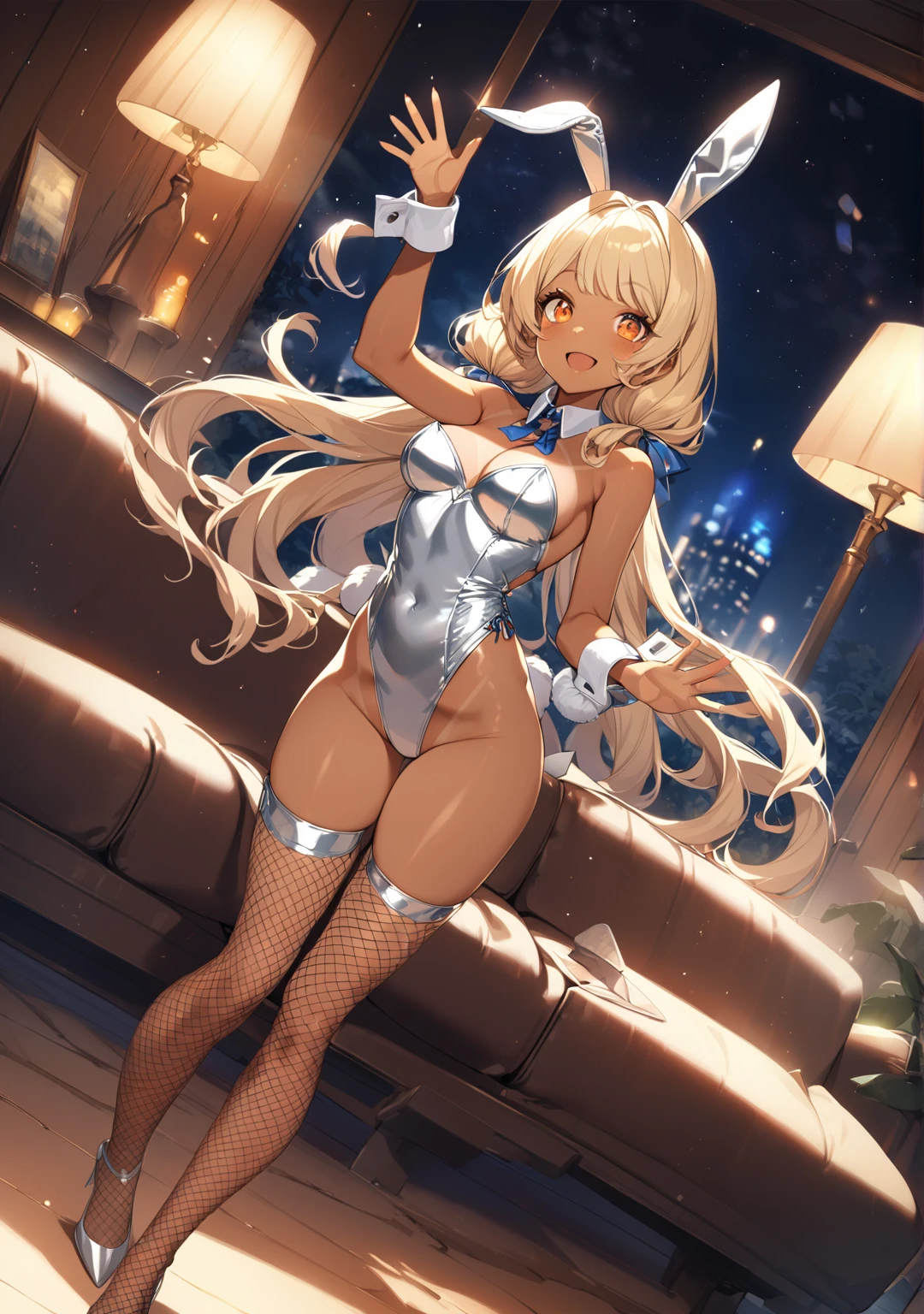 (8K、Top image quality、top-quality、​masterpiece)、A detailed face、1 girl in、Blonde longhair、blunt bangs、Golden eyes、((Brown skin))、((skin tanned))、Grinning、very Bigger breasts、playboy bunny、Put your hands on your hips、cowboy  shot、Stage Background、Taken from below