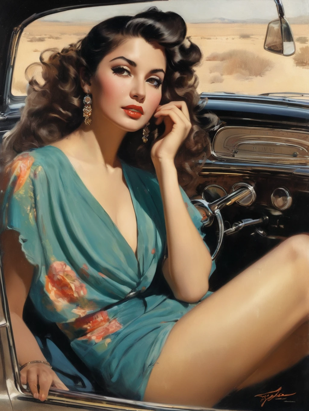 Rolf Armstrong Style full body photo of a beautiful Mexican woman, with messy hair, nose blush, looking seductively at the camera, partly opened mouth, lying in the back seat of her car, face up, back down, spread her legs, front view, solo 