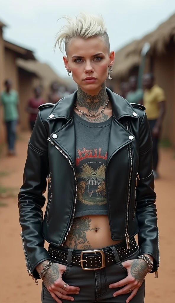 russian milf woman, grey hair (pouf, and top bun and shaved sides) and wide colourful bandana as headband, with very light blue eyes, extremely pale. Wearing aged cropped black moto jacket with lots of zippers and pins, dark grey cropped t-shirt with guns and roses logo  , skinny blue jeans with holes in knees and dirty white tennis sneakers. Dirty knees and dusty hands. Lots of metallic bracelets, lots of boho pendants and lots of colourful beads collars. Tacky wide studded leather belt with oversized skull and bones buckle. Long bohemian earrings with colourful feathers. Kneeling like in a payer, chin up stretching her neck , humble facial expression. Hands on her knees, showing off bracelets and rings. studded black leather tote bag with chains on the floor, next to her..  Listening in amazement to somebody speaking to her, well toned abdominals, thin neck, slim legs and thin arms. Tattoed heavily on chest and hands.  Dirt street in Kenian village full of waste. A lot of tanned shirtless fat men in jeans around looking at her. next to her, all her belongings scattered on the floor: makeup kit, little makeup mirror, studded black leather tote bag, lipstick, wallet, moble etc on the floor