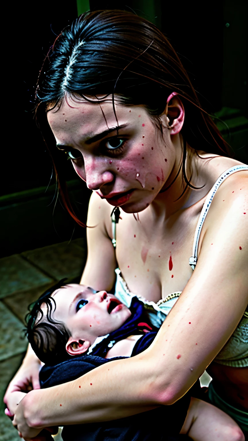 brutal, rough sex, pov, sad, crying, tears, public indecency, lingerie, bruised eye, blood, (teenage mother holding very sad baby girl, presenting), eye contact, partially open clothes, thighs, post-apocalypse,