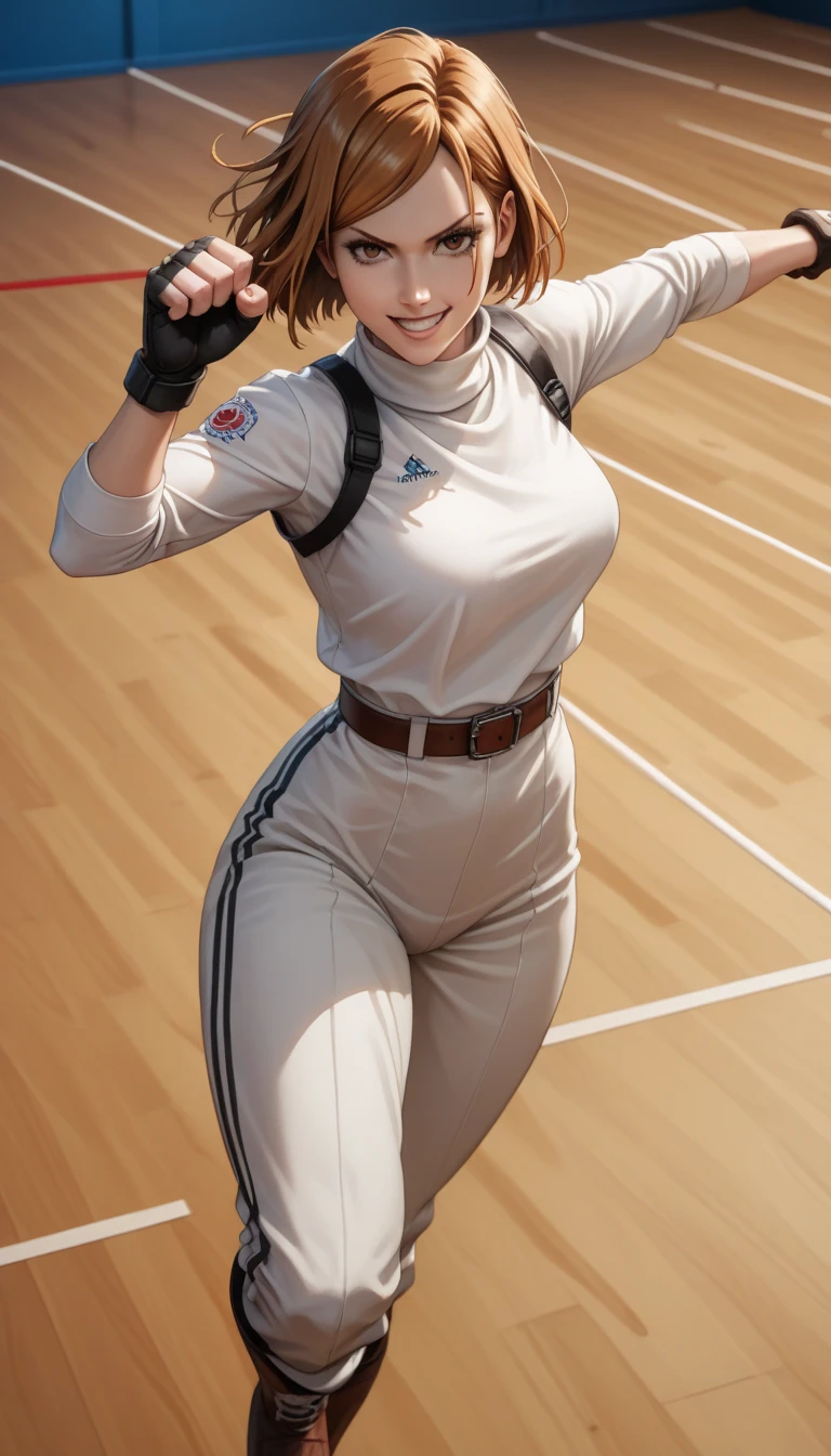 score_9, score_8_above, score_7_above, to break, score_9, to smile,   fair skin  ,hands ,   Nobara Kugisaki , short  brown hair  ,   brown hair  ,   brown eyes  ,white turtleneck ,fingerless black gloves,  fighting pose  ,     thick thighs  ,sexy, sexy expression,cowboy shot, standing on the mat, volumetric light   ,      high definition     , detailed, posing ready to fight,   ,      high definition     , detailed Alta qualidade,   masterpiece  ,detailed.
