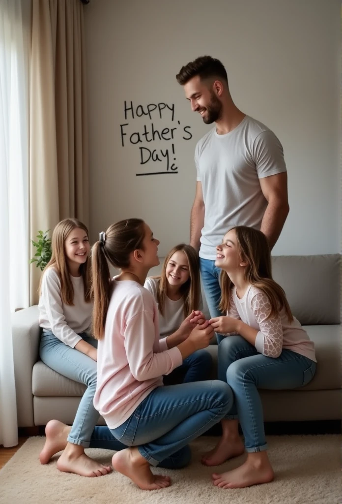 Heic portrait family photo dad in lounge room standing with group of clothed ********************* daughters. Daughters. Writing on wall saying “HAPPY FATHERS DAY!”. Daughters kneeling down licking dads dick Girls aged **