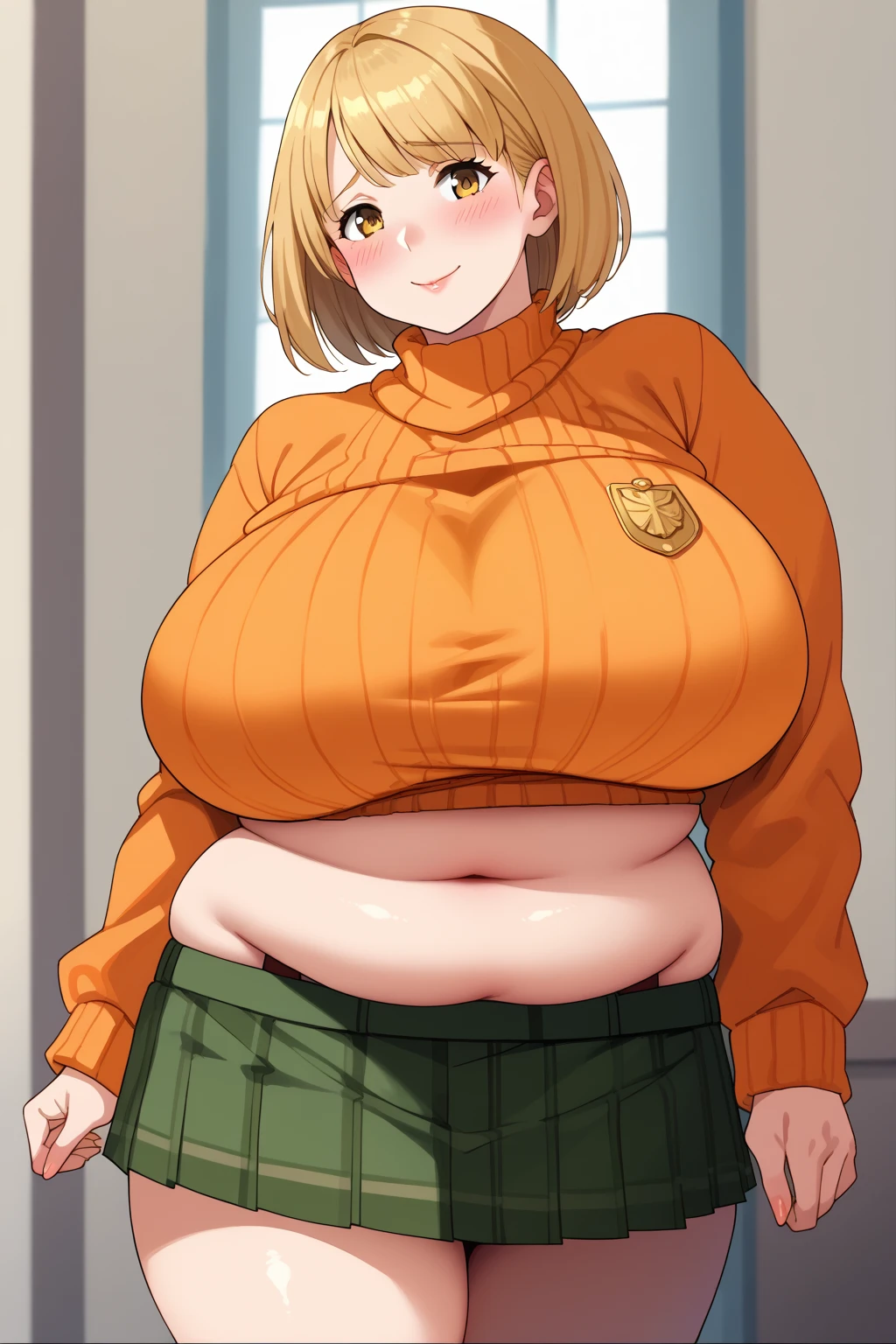 Ashley Graham , ashley graham,　 shortcut,　 orange sweater ,  miniskirt, 緑色のチェック柄のスカート,  Long Sleeve ,  yellow eyes, Thighs,  Golden Hair ,  score_9,   score_8_up,   score_7_up,   score_6_up,   score_5_up,   score_4_up,     Masterpiece  ,   top quality,   Very Aesthetic ,   absurd,   source_Anime, Anime screencap,   one woman , Alone,  personal  ,  Super huge breasts, ((( super huge clevis, Super huge , Super huge boob))), Curvy,  chubby, Mature Woman,  obese body type, blush, Shy woman,  belly fat sticking out of clothes,　 sloppy stomach , A woman wearing a skirt 