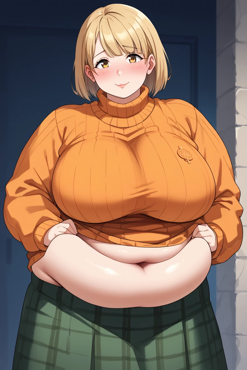 Ashley Graham , ashley graham,　 shortcut,　 orange sweater ,  miniskirt, 緑色のチェック柄のスカート,  Long Sleeve ,  yellow eyes, Thighs,  Golden Hair ,  score_9,   score_8_up,   score_7_up,   score_6_up,   score_5_up,   score_4_up,     Masterpiece  ,   top quality,   Very Aesthetic ,   absurd,   source_Anime, Anime screencap,   one woman , Alone,  personal  ,  Super huge breasts, ((( super huge clevis, Super huge , Super huge boob))), Curvy,  chubby, Mature Woman,  obese body type, blush, Shy woman,  belly fat sticking out of clothes,　 sloppy stomach , A woman wearing a skirt 