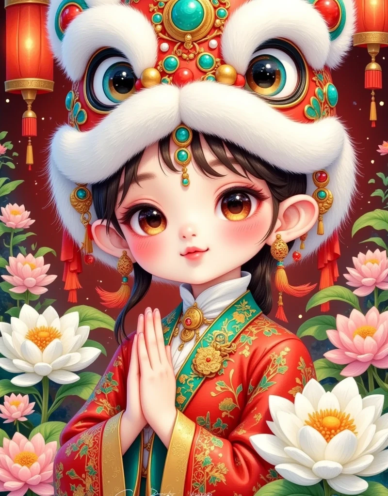  Beautiful Girl ，Chinese lion hat， Chinese Year 