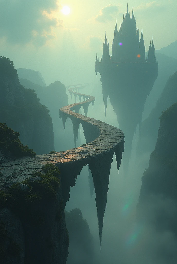 very old bridge\(floating in the sky, on the verge of breaking down, stretches far away to castle from the foreground\) connected to an ancient castle floating in the sky. in the very deep thick fog and very deep thick haze. Dazzling light pours down from the sky and reflects diffusely through the fog.Many rainbows are shining through the mist.