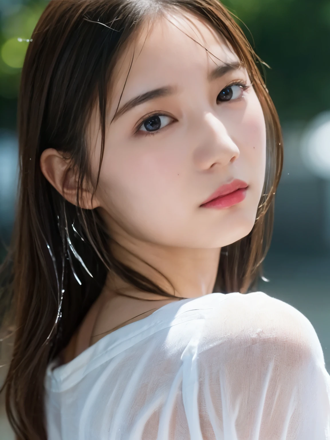 masterpiece, highest quality, 8k, 20th generation, Big Breasts, cute, alone, sad, cute, Girlish, cute、Delicate girl, Pure beauty,  RAW Photos, Professional photography, Portraiture, Soft Light, Professional Lighting, Backlight, Head to knee photo, avert your eyes, Sophisticated, Film Grain, (Round face、Young Face、Thin eyebrows、Thin lips:1.0), Floating Hair, beautiful, Flowing hair, bangs, White blouse、pastel cardigan、(Big Breasts:1.2)、You can see the chest a little、Micro Mini Skirt、Voluptuous thighs、dolly make、Heterochromia iridis、Left and right eyes are different colors、Midsummer sky、Cumulonimbuidsummer Beach