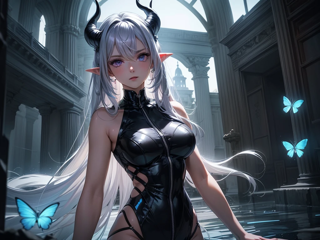 (masterpiece, best quality) detailed, 1Character , blue archive art style , wearing Black bodysuit, silver accents , zip up , futuristic, shiny , Beautiful woman , pale skin , purple eyes ,elegant, regal , pure white hair , pointed ears ,horns, long eyelashes , age 23, , pastel washed out colors , cell shade ,EyeDetailerXL,,(EyesHD:1.2),(masterpiece),(best quality),(ultra-detailed),(very aesthetic),(sharp focus),(depth of field),(vibrant colors),(ray tracing),(best lighting),(detailed illustration),(detailed background),8k,(cinematic),(beautiful face),(beautiful eyes),blue_butterfly, blue_hair highlights, blue_nails, iamond-shaped_pupils, diamond_(shape), hair_between_eyes, long_hair, purple_eyes, purple_pupils, sidelocks, solo symbol-shaped_pupils, full body, ruins, temple, water, rain