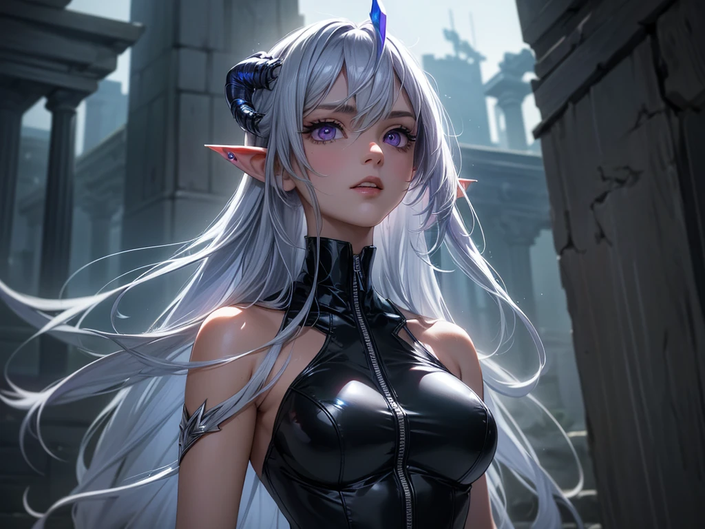 (masterpiece, best quality) detailed, 1Character , blue archive art style , wearing Black bodysuit, silver accents , zip up , futuristic, shiny , Beautiful woman , pale skin , purple eyes ,elegant, regal , pure white hair , pointed ears ,horns, long eyelashes , age 23, , pastel washed out colors , cell shade ,EyeDetailerXL,,(EyesHD:1.2),(masterpiece),(best quality),(ultra-detailed),(very aesthetic),(sharp focus),(depth of field),(vibrant colors),(ray tracing),(best lighting),(detailed illustration),(detailed background),8k,(cinematic),(beautiful face),(beautiful eyes),blue_butterfly, blue_hair highlights, blue_nails, iamond-shaped_pupils, diamond_(shape), hair_between_eyes, long_hair, purple_eyes, purple_pupils, sidelocks, solo symbol-shaped_pupils, full body, ruins, temple, water, rain