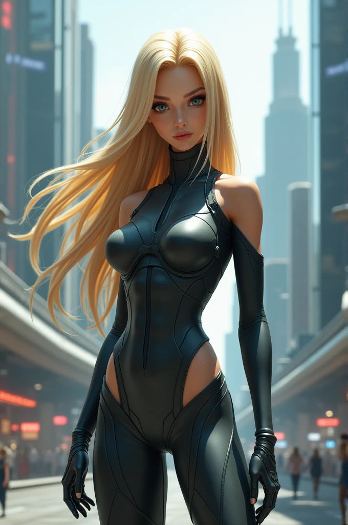 (ultra-realistic, best quality, best illumination) cute woman with long hair and bangs, blonde hair and blue eyes, slightly tanned skin, with subtle muscles. --auto