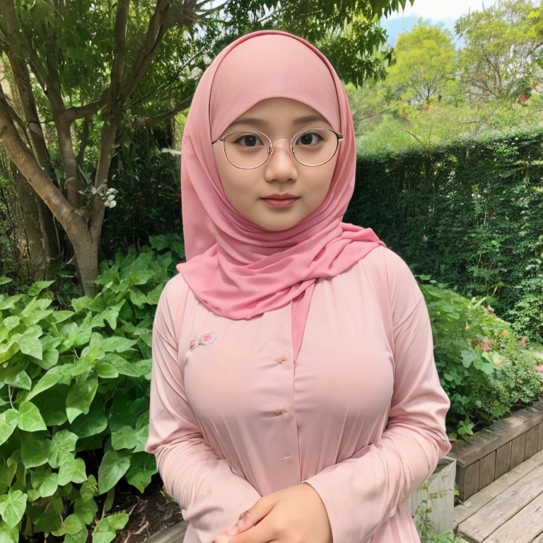 1 indonesian ijab girl, 18 years old, modern plain hijab, shy, medium portrait, watery eyes, pink glowing particles, wearing pastel pink open breasts kebaya, ((big breasts)), open breasts, breast out, pink light bokeh background, well-proportioned body, full body shot, Selfi, corset 