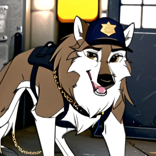 Anthropomorphic furry Long haired wolfdog, tactical k-9 armoured vest, black leather collar, chain collar, badge, police baseball cap, drooling saliva, anthro, furry, all fours, very body fur, three tone fur, Looking at viewer, Smile, Open Mouth, Very Long Hair, saddleback tan and white High Resolution, Accurate, Masterpiece, Best Quality, Award Winning, Detail, High Details, HD, High Quality, Quality, Super Detailed, UHD, 