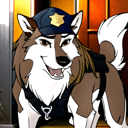 Anthropomorphic furry Long haired wolfdog, tactical k-9 armoured vest, black leather collar, chain collar, badge, police baseball cap, drooling saliva, anthro, furry, all fours, very body fur, three tone fur, Looking at viewer, Smile, Open Mouth, Very Long Hair, saddleback tan and white High Resolution, Accurate, Masterpiece, Best Quality, Award Winning, Detail, High Details, HD, High Quality, Quality, Super Detailed, UHD, 