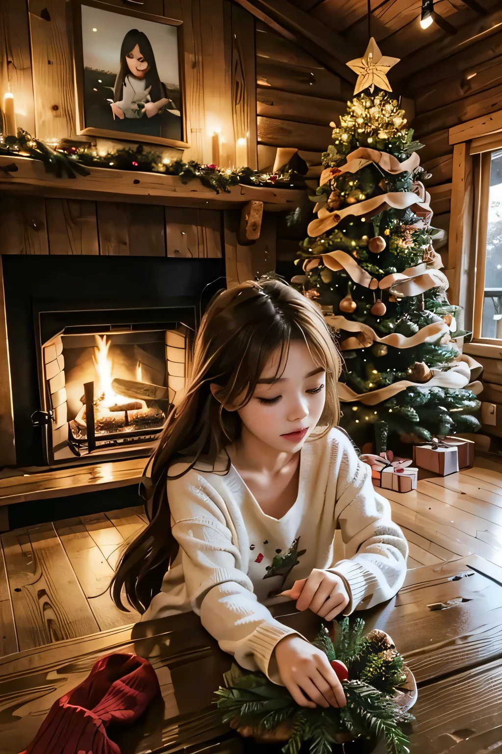 Inside a log house with a fireplace 、 a huge Christmas tree in the living room、 focus on the Christmas tree 、A gray-haired man in his 70s is reading on the sofa 、 The man is Western and wears a sweater and reading glasses、Late Night