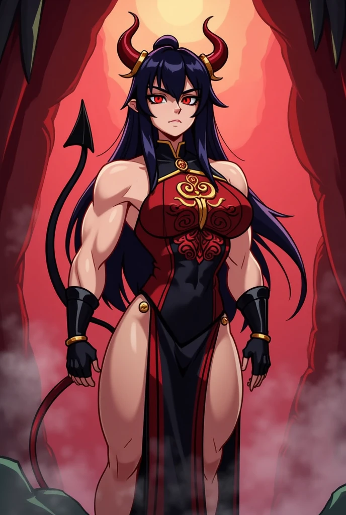 black hair, wide hips, evil smile, chubby, tall woman, very large breasts, tall, large, a long black hair, a black kimono with a blue circle made of stars to the left of the chest, two purple eyes with cat pupils that glow in the darkness, a metallic scorpion tail with a large stinger at the end, long black shorts that go up to the knee, light purple high boots and two black deer antlers on the head