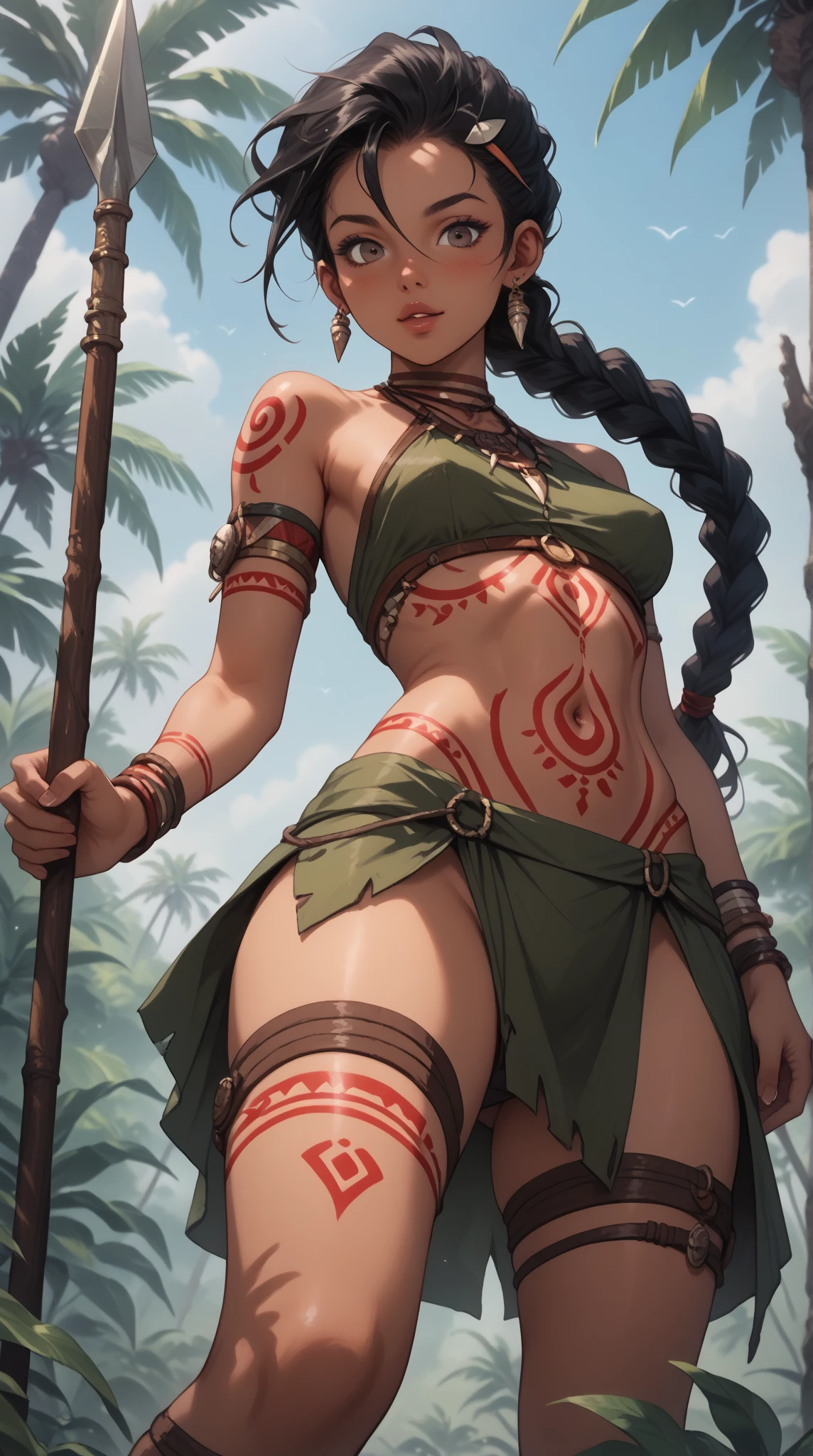 from below , in the jungle ,  pov into a hole in the ground, outside the trap is a strong young women, hunter,  black skin , black hair , long braid, with a spear , wearing primitiv clothes, barely covering, tribepaint, red_bodypaint