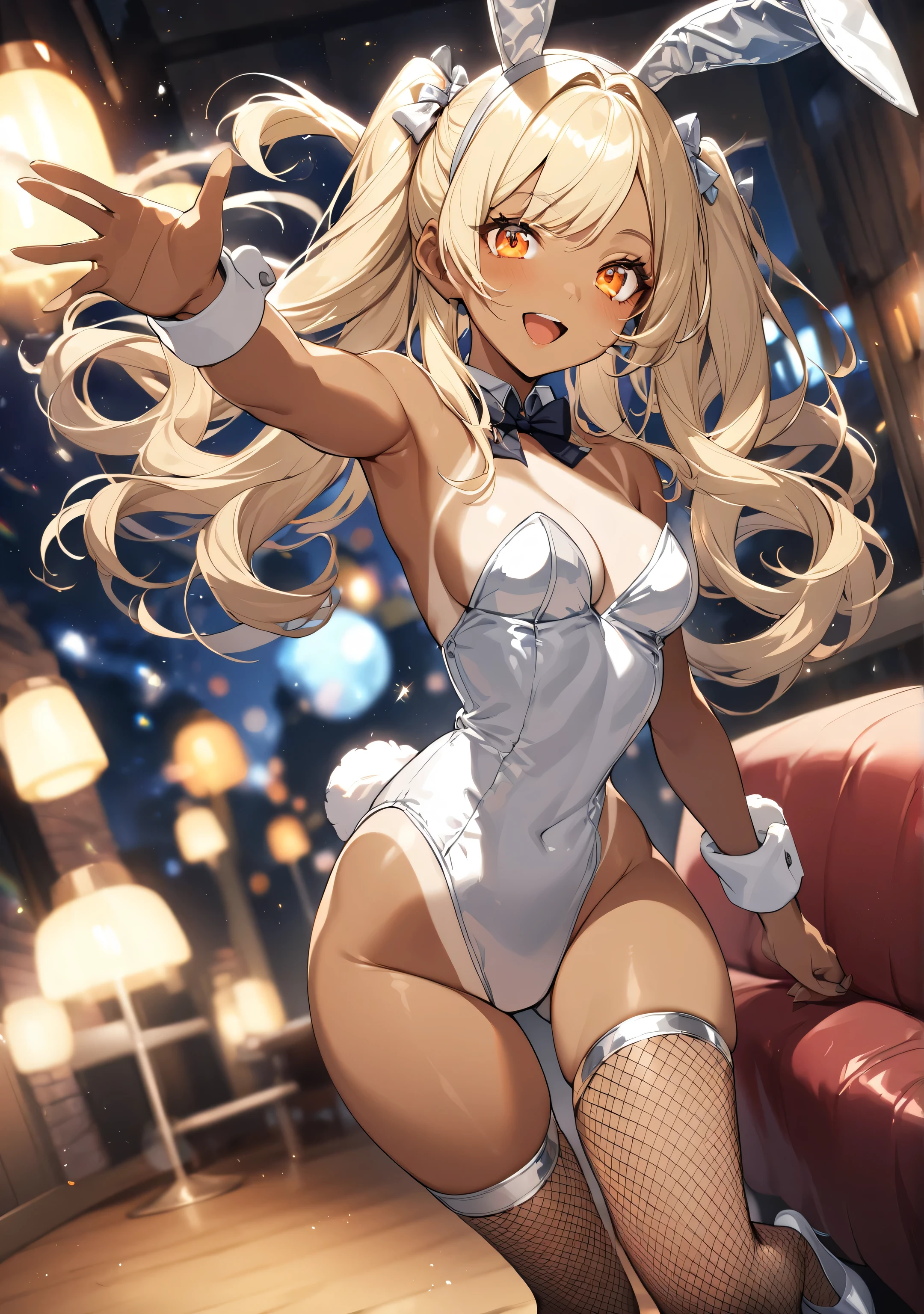 masterpiece, High resolution ,Awesome fluffy bunny suit,Embarrassed face,I was so panicked.,Blushing,Obscene pose,sexy glamorous body,,Futuristic midnight downtown cityscape