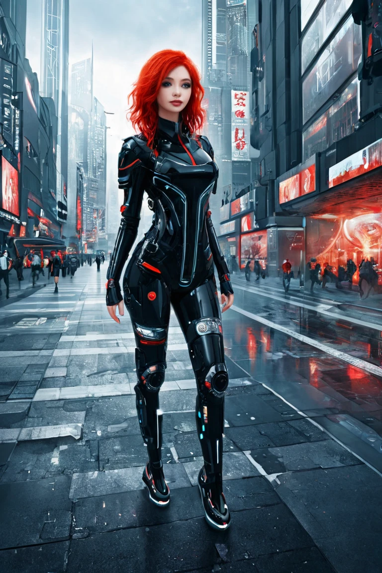  Picture the girl of the future with red hair . she is standing on the street of the city of the future  