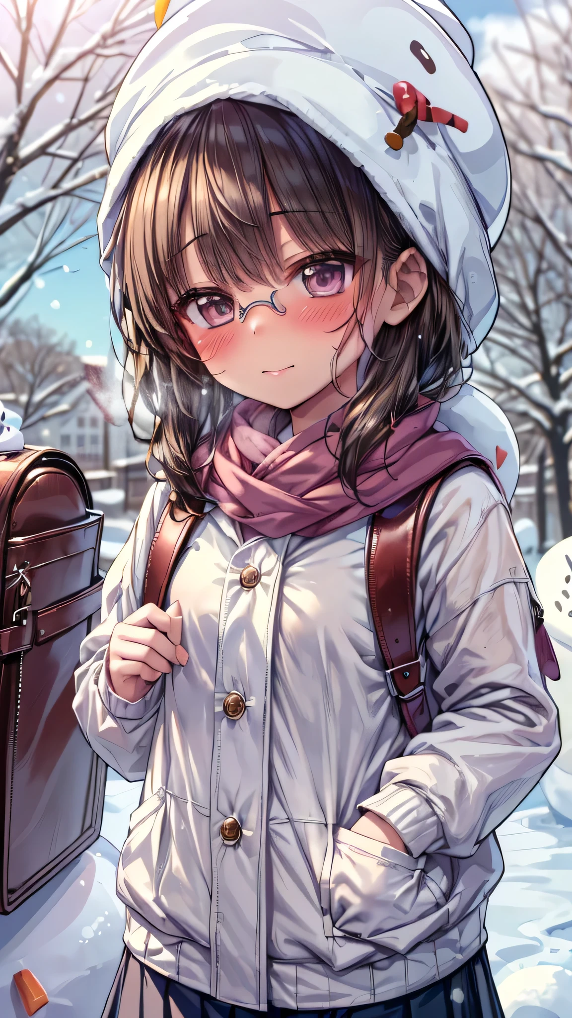 ((masterpiece, sidelighting, finely detailed beautiful eyes: 1.2)), (anatomically collect:1.3), Extremely cute, (extremely detailed beautiful face), (Authentic skin texture:1.4), (outdoor, winter, snowy landscape, park:1.2), (1  girl:1.8), (Loli:1.8), (small stature, petite body:1.8), (flat chest), (short black hair), (glasses:1.3), (duffel coat, woolen scarf, Woolly hat:1.2), (socks, loafer:1.2), (blush cheek:1.4), (shy, happy), (face focus:1.2), (standing by snowman:1.3), carrying randoseru backpack, (steam)