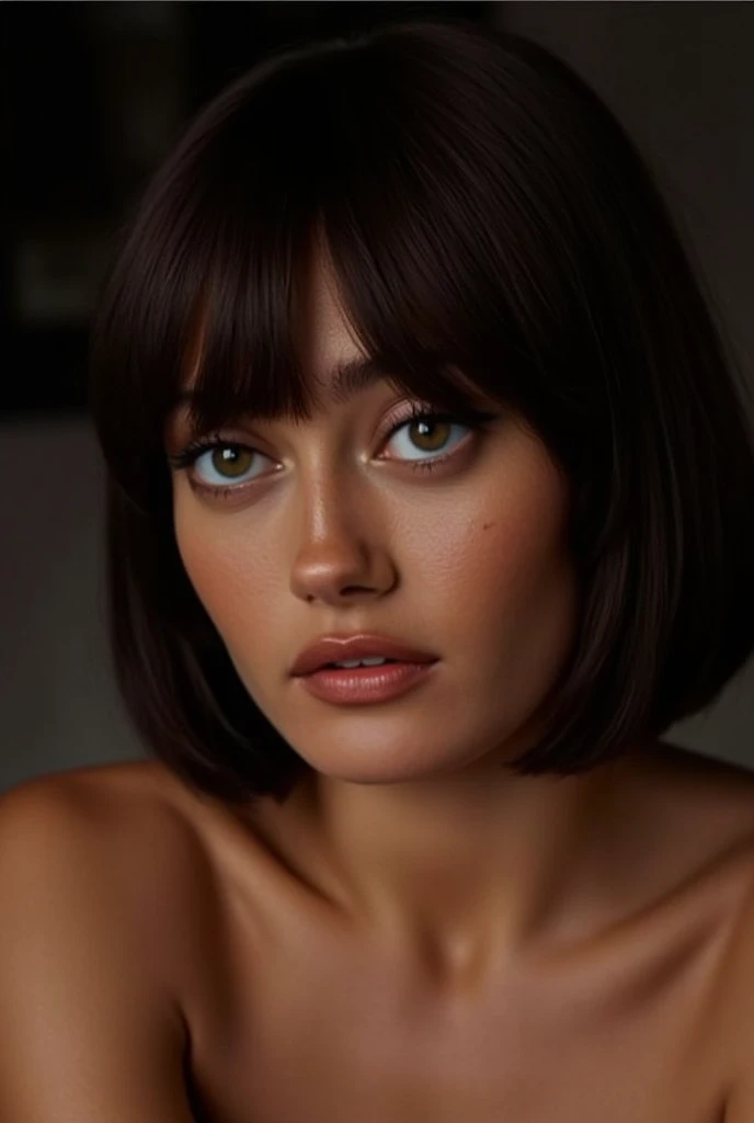 ellaPurnell, close up photo, topless, seductive, detailed face, black bob cut hair 