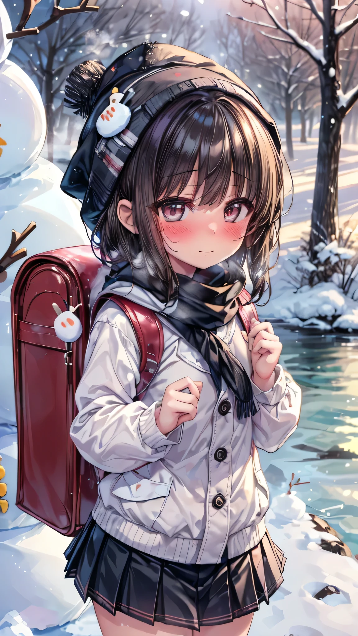 ((masterpiece, sidelighting, finely detailed beautiful eyes: 1.2)), (anatomically collect:1.3), Extremely cute, (extremely detailed beautiful face), (Authentic skin texture:1.4), (outdoor, winter, snowy landscape, park:1.2), (1 lower elementary school student toddler girl:1.8), (Loli:1.8), (small stature, petite body:1.8), (flat chest), (short black hair), (glasses:1.3), (duffel coat, woolen scarf, Woolly hat:1.2), (socks, loafer:1.2), (blush cheek:1.4), (shy, happy), (face focus:1.2), (standing by snowman:1.3), carrying randoseru backpack, (steam)