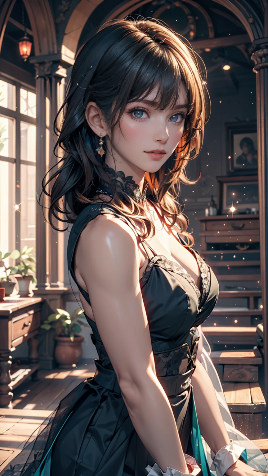 1 person, heroine,sexly、Spilled ink background、, Black Hair, Floating Hair, Delicate eyes, Black and green antique dress, Fob, (1 1 1.8), (masterpiece), (Portrait Shot), Front shot, Stiletto heels、smile