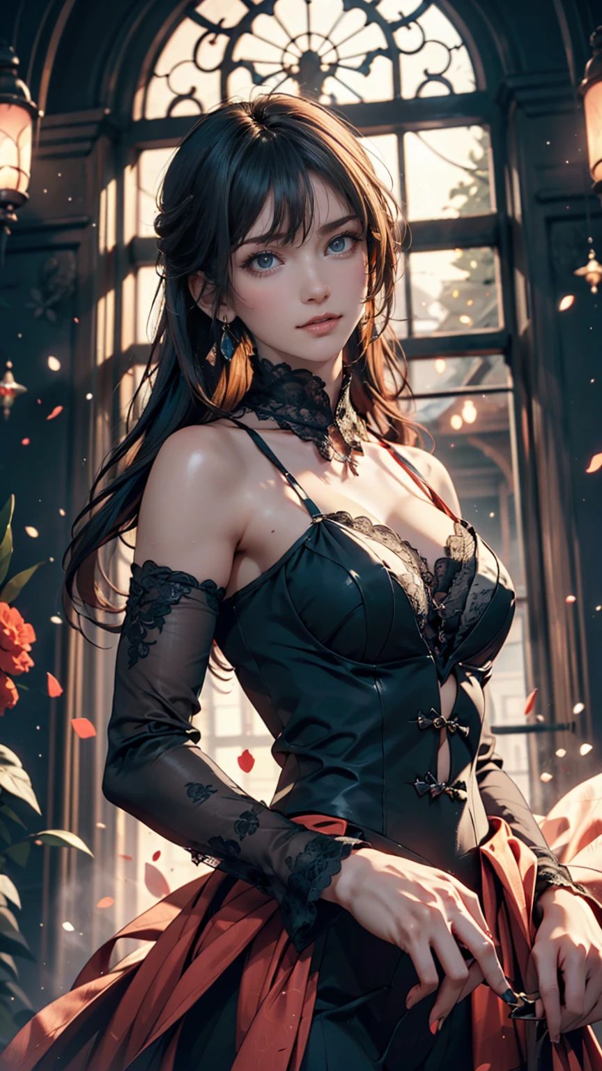 Vast angles, View from the summit, Inside Guldur Valley, Dark floor, First floor with balcony and a view of the abyss, And the floor below the madness staircase, Thorn, Spike Wall. Spooky illustrations, Overly detailed, 8K resolution. Horror Art.24-year-old woman、long hair、Straight Hair、Brown Hair、Purple inner color、Wear off-the-shoulder tops、Cleavage Emphasis、Wear a low-rise mini skirt