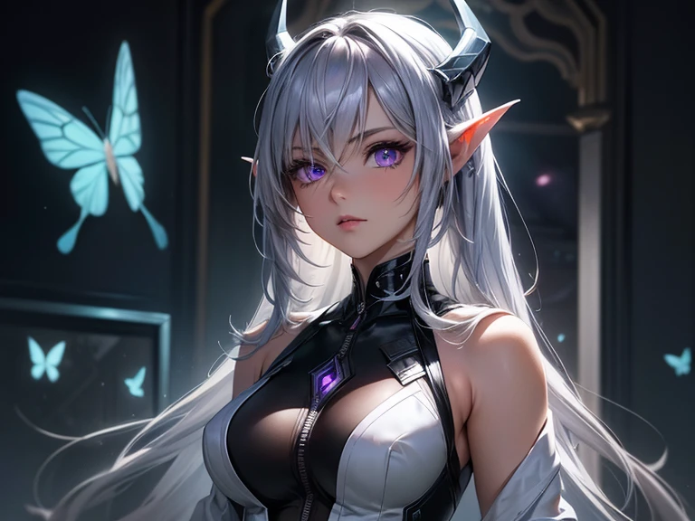 (masterpiece, best quality) detailed, 1Character , blue archive art style , wearing Black bodysuit, silver accents , zip up , futuristic, shiny , Beautiful woman , pale skin , purple eyes ,elegant, regal , pure white hair , pointed ears ,horns, long eyelashes , age 23, , pastel washed out colors , cell shade ,EyeDetailerXL,,(EyesHD:1.2),(masterpiece),(best quality),(ultra-detailed),(very aesthetic),(sharp focus),(depth of field),(vibrant colors),(ray tracing),(best lighting),(detailed illustration),(detailed background),8k,(cinematic),(beautiful face),(beautiful eyes),blue_butterfly, blue_hair highlights, blue_nails, iamond-shaped_pupils, diamond_(shape), hair_between_eyes, long_hair, purple_eyes, purple_pupils, sidelocks, solo symbol-shaped_pupils, 