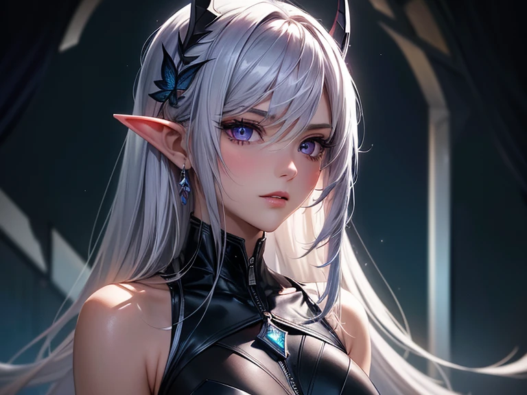 (masterpiece, best quality) detailed, 1Character , blue archive art style , wearing Black bodysuit, silver accents , zip up , futuristic, shiny , Beautiful woman , pale skin , purple eyes ,elegant, regal , pure white hair , pointed ears ,horns, long eyelashes , age 23, , pastel washed out colors , cell shade ,EyeDetailerXL,,(EyesHD:1.2),(masterpiece),(best quality),(ultra-detailed),(very aesthetic),(sharp focus),(depth of field),(vibrant colors),(ray tracing),(best lighting),(detailed illustration),(detailed background),8k,(cinematic),(beautiful face),(beautiful eyes),blue_butterfly, blue_hair highlights, blue_nails, iamond-shaped_pupils, diamond_(shape), hair_between_eyes, long_hair, purple_eyes, purple_pupils, sidelocks, solo symbol-shaped_pupils, 