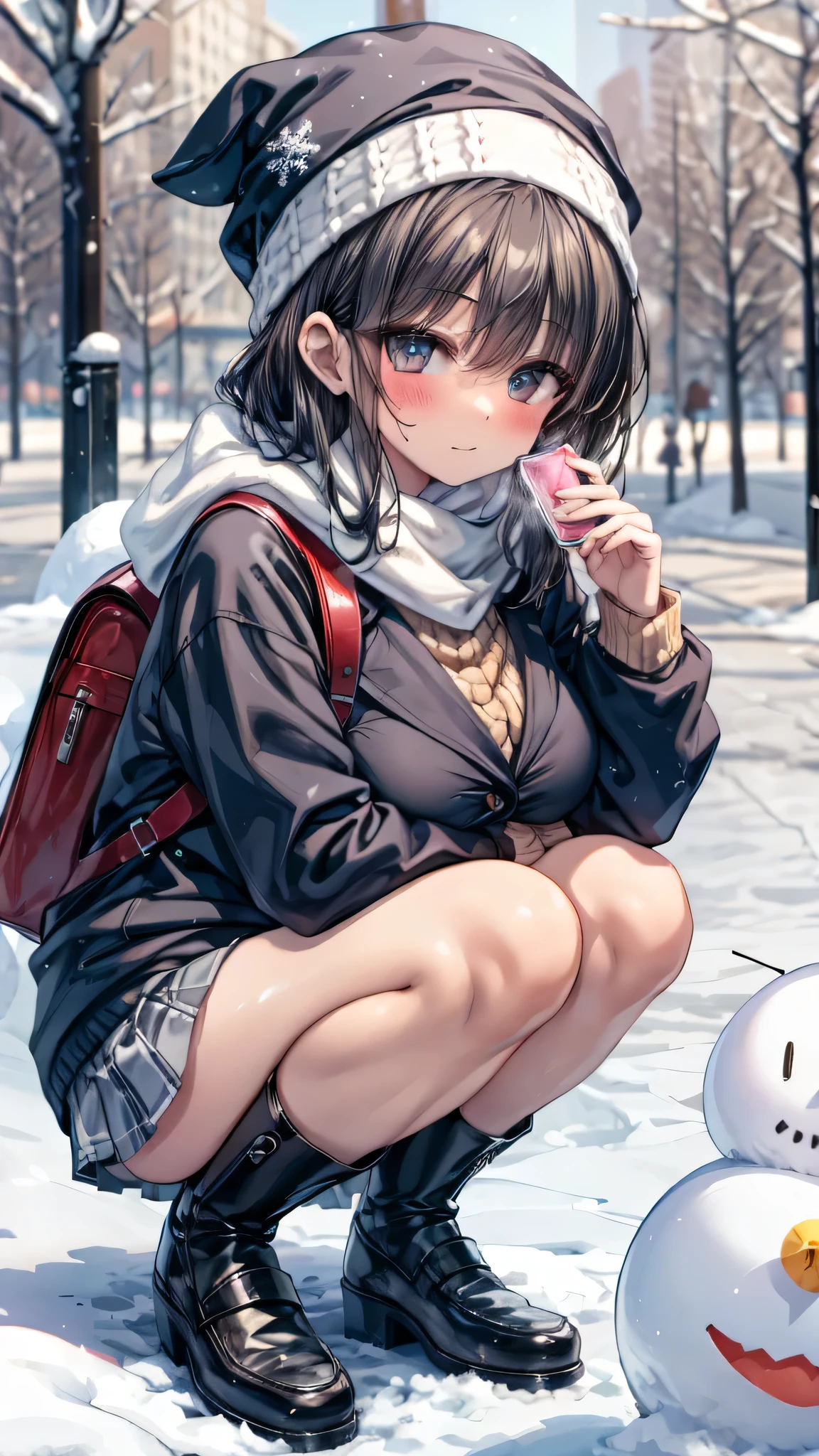 ((masterpiece, sidelighting, finely detailed beautiful eyes: 1.2)), (anatomically collect:1.3), Extremely cute, (extremely detailed beautiful face), (Authentic skin texture:1.4), (outdoor, winter, snowy landscape, park:1.2), (1 hit school student girl:1.2), (huge breasts:1.4), (slender body:1.2), (short black hair), (duffel coat, woolen scarf, Woolly hat:1.2), (stockings, loafer:1.2), (glasses), (blush cheek:1.4), (shy, happy), (face focus:1.2), school bag, (steam), (squatting by snowman:1.2)