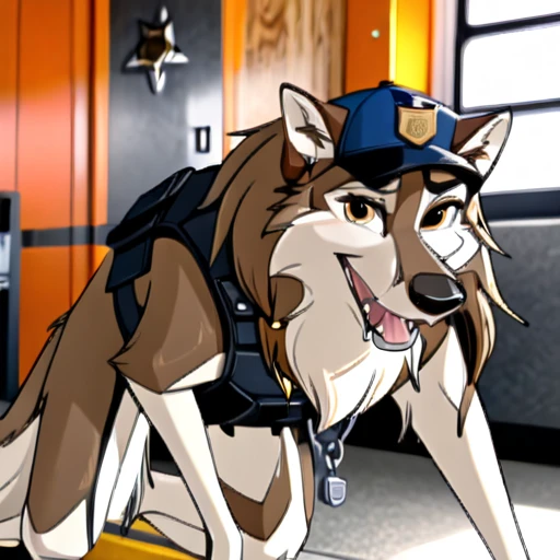 Anthro furry Long haired wolfdog, tactical k-9 armoured vest, black leather collar, chain collar, badge, police baseball cap, drooling saliva, anthro, furry, all fours, very body fur, three tone fur, Looking at viewer, Smile, Open Mouth, Very Long Hair, saddleback tan and white High Resolution, Accurate, Masterpiece, Best Quality, Award Winning, Detail, High Details, HD, High Quality, Quality, Super Detailed, UHD, 