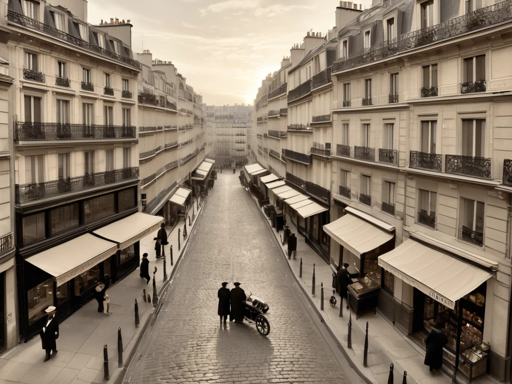 A bird's-eye view of a Parisian jewelry store in the year 1920, located on a cobblestone street surrounded by classic Haussmann-style buildings. Two gentlemen dressed in elegant business suits with long black overcoats and wearing black hats are standing in front of the shop. One of them holds a cane, adding to their sophisticated appearance. The scene captures the charm and elegance of 1920s Paris, with intricate architectural details on the buildings, warm evening light casting soft shadows, and a vintage ambiance. The perspective mimics a drone shot, showcasing the street and surroundings with a slight sepia tone for historical effect