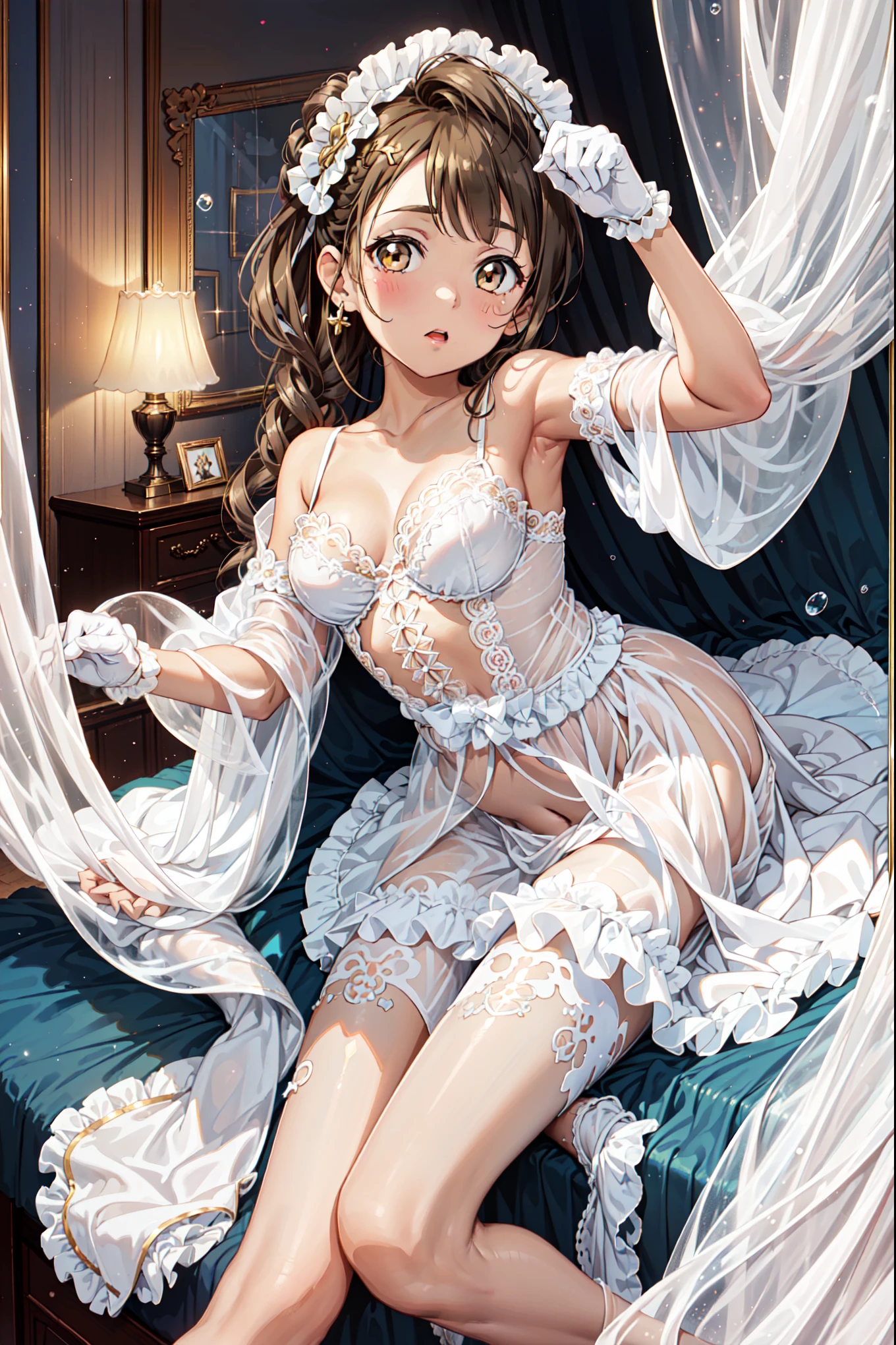  girl，， Have Fun ，in love，( Girl in a white modern shirt and robe， Wear pantyhose :1.2)，( black ruffle bow gloves )，Lace，wrinkle，Bubble Skirt，Lovely Decor ，  brown hair，golden eyes， White Hair Divine Headwear ，透明Lace， Exquisite Outfits， unique ，European bedroom，(night:1.1)， Detailed skin ， special hairstyle