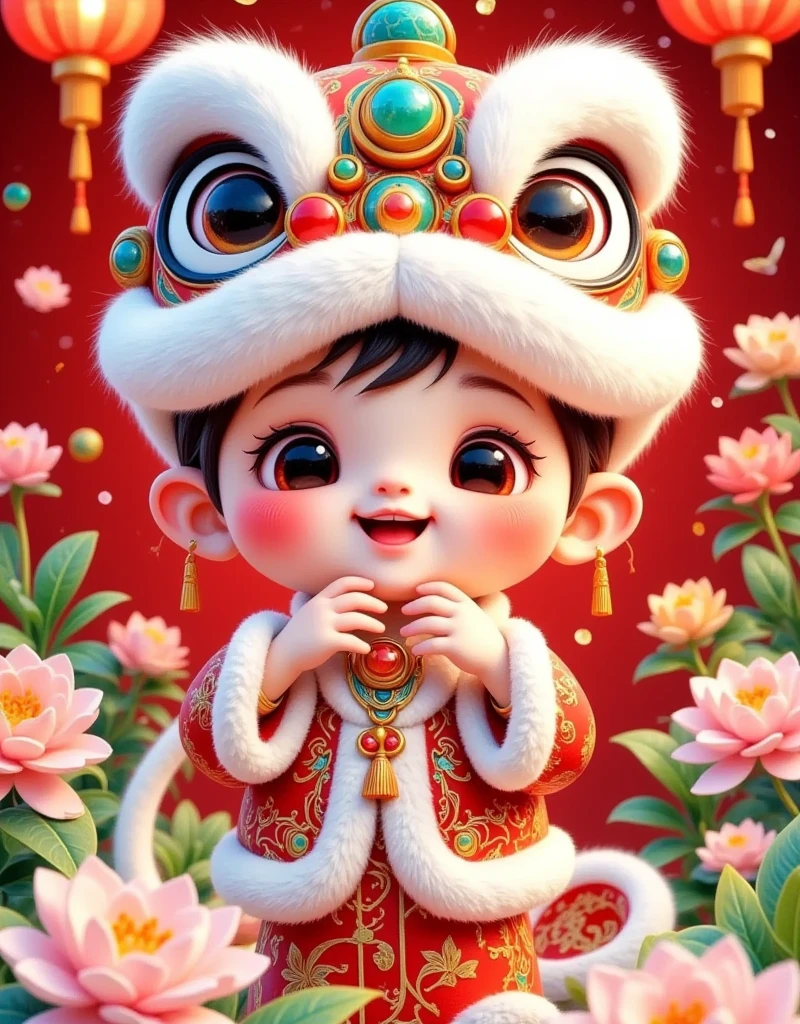 Beautiful Boy，Chinese lion hat， Chinese Year 