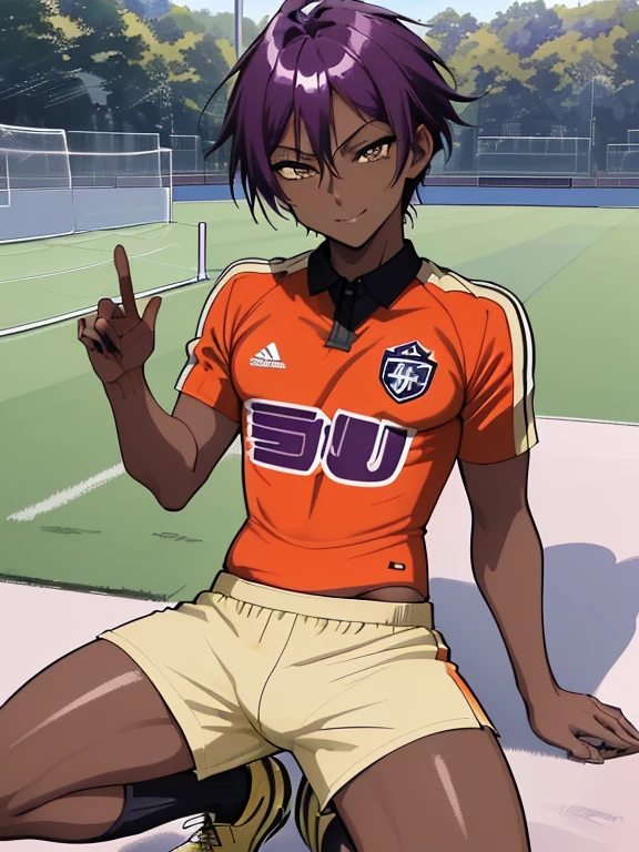 ((( Official Art , ultra-fine illustration , high definition , masterpiece,  best quality,最 High Quality ,))) High Quality ,   Details, (a ),,  Young Ace Striker Idol Male with Super Cute Face , Beautiful Boy Like Planing ,  Smile with a Cool Handsome Face , Soccer cleats,  long legs ,  thigh thigh thigh thigh, feet, bulge, (Purple Hair、 Spiky hairstyle photos)、 shiny hair, ( Tight, Shiny Orange Soccer Uniform Suit), ( Tight and Shiny Soccer Shorts ), ( soccer socks ), Grassland,  cool pose, (厚い thigh thigh thigh thigh、  Seduces Big Butts to the Crotch  )、((( soccer field in the park )))、((Cheeky、))、 smirking 、 spread legs,Ultra-detailed paintings, (最 High Quality , 4K, 8k,  high definition , masterpiece:1.2),((( Noticing Middle-Aged Gay Men's Sexual Gaze )))、 service shot 、(((Dark Skin)))、((  Detailsな目:1.2))、 cute eyes from the right、