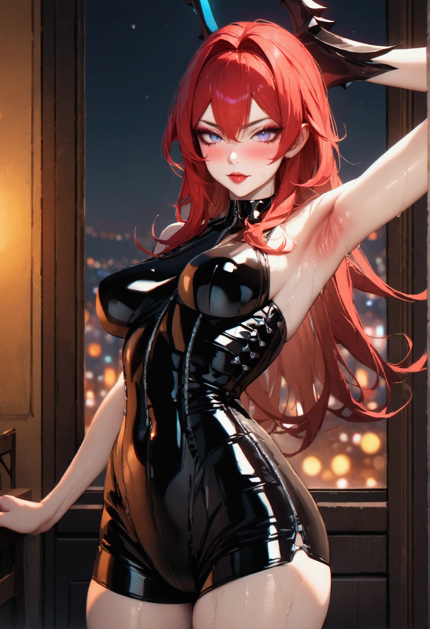 Surtr, Night view, Beauty, Beautiful eyes, blush, uhd, retina, masterpiece, ccurate, anatomically correct, textured skin, super detail, high details, high quality, best quality, highres, knee high boots, gloss lips, lipstick, 4K, eyeshadow, eyeliner, blush, long hair, lipstick, red hair, long eyelashes, evil grin, latex, sweaty armpits, tongue