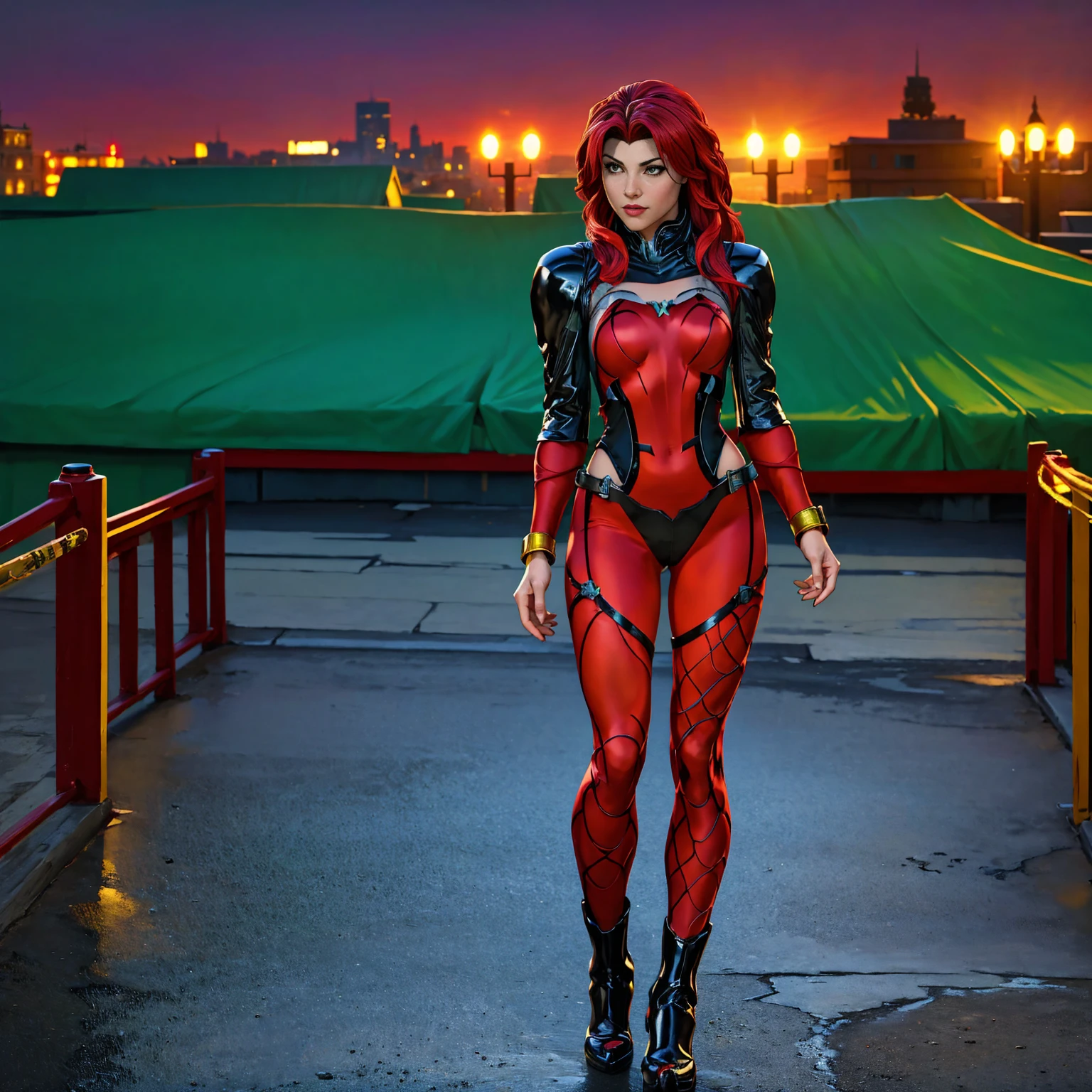 ((Full body photo, standing, feet on the ground)) (best quality, 4k, 8k, high resolution, masterpiece: 1,2), fishnet tights, black and red costume, ultra-detailed, fishnet tights, ( realistic, photorealistic, photorealistic: 1, 37), full body photo, Rogue, X-Men, yellow high boots, beauty pose, standing, show feet, outside, city roof at night, green bandana
