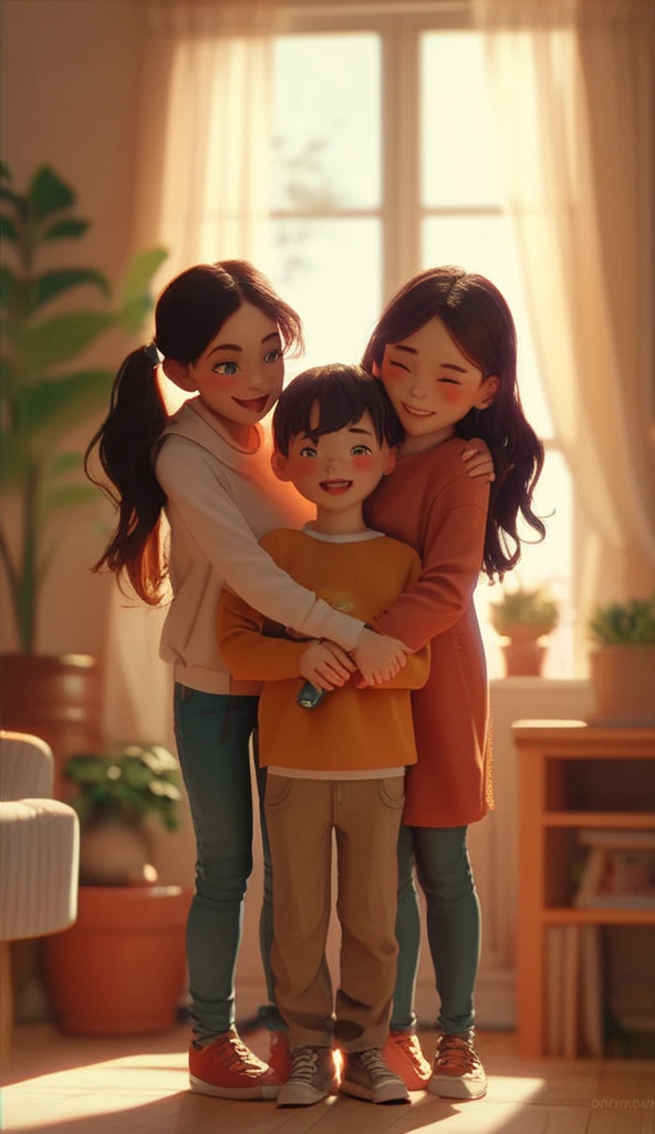 A happy girl with her family with two children playing at a two florr home