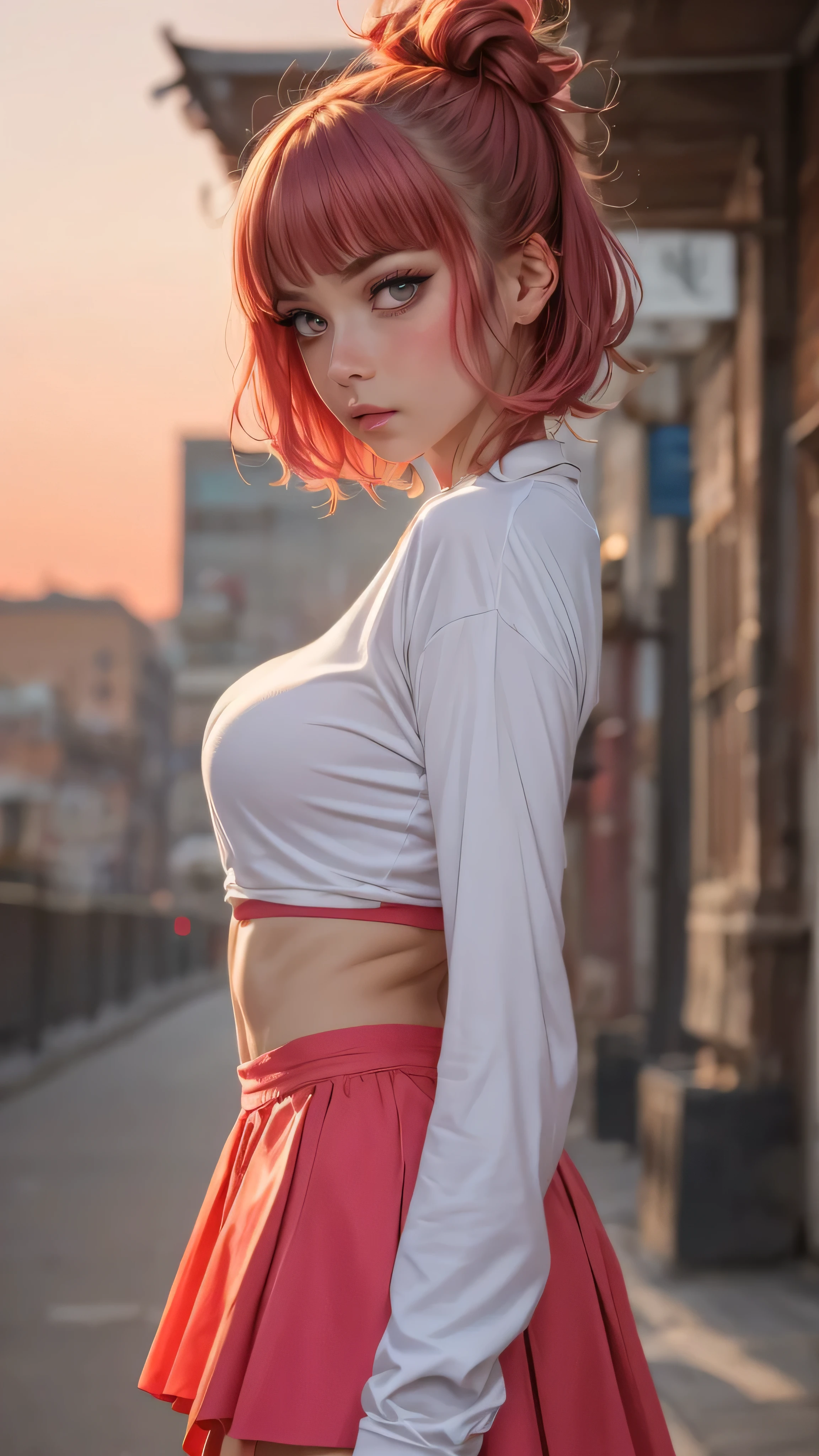 1girl, solo, sharp nose, (reddish mouth:1.1), (blush), eye-catching lips, shonen style, (pale skin), (pink eyes:1.2 | orange eyes:1.3), (wide smile:0.5), wide eyes, (neon lighting:0.3), (scenery park, sky), daylight, cinematic lighting, (underboob:0.9), (blue skirt), (pink hair:1.4 | orange hair:0.9), short hair, bangs, drill hair, ahoge, (crop top blue | white), ((bottom-up point of view)), (thin face), ((sharp focus)), (((masterpiece))), (detailed clothing:1.3), (detailed body:1.2), ((perfect face)), ((perfect nose)), ((perfect eyes))