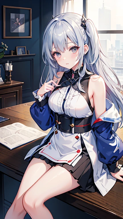 gray hair sitting on the table in the room, 4k quality，Ultra high quality，Novel cover illustration level，Azur Lane skin in vertical painting style，The girl's face is slightly hesitant，Focus on the characters，Hide the background