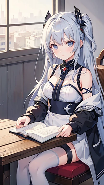 gray hair sitting on the table in the room, 4k quality，Ultra high quality，Novel cover illustration level，Azur Lane skin in vertical painting style，The girl's face is slightly hesitant，Focus on the characters，Hide the background