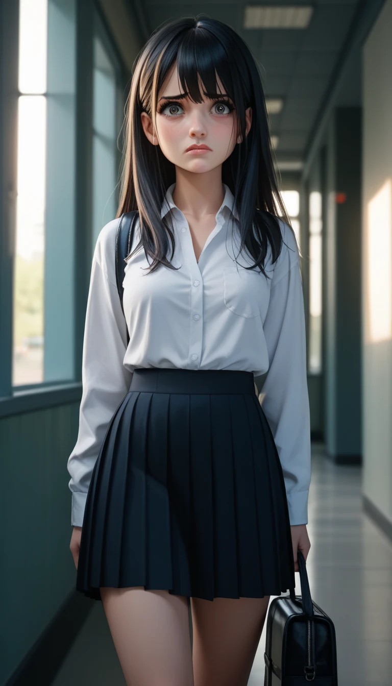 At school,  A girl,  front,  long black hair with straight bangs, short black skirt, bag, hematomas, You caught ,  nervous ripped blouse , abusive,  body, 4K,  cinematic lighting , dramatic,  perfect anatomy 