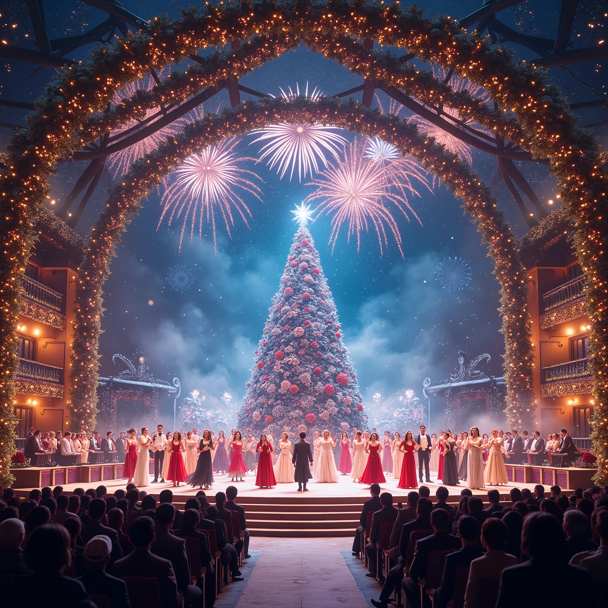  New Year's concert on stage with fireworks ,  snow falls beautifully , light snowflakes ,  The stage is filled with garlands and a Christmas tree, beautiful lights, fairy tale,  better quality ,  masterpiece fails, 8 k,  complex , bright colors,  maximum Quality ,  Lots of Details ,  complex textures ,