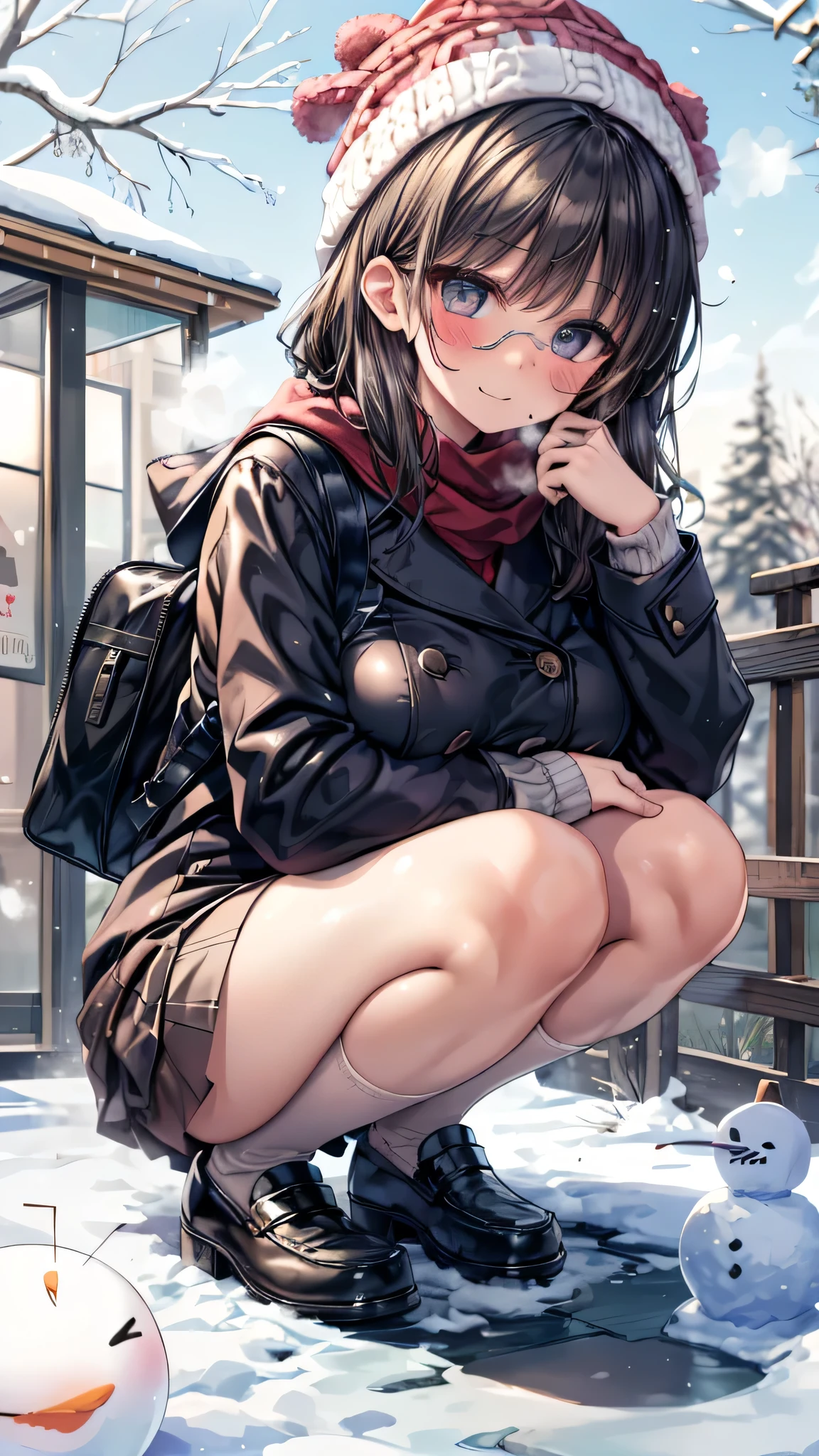 ((masterpiece, sidelighting, finely detailed beautiful eyes: 1.2)), (anatomically collect:1.3), Extremely cute, (extremely detailed beautiful face), (Authentic skin texture:1.4), (outdoor, winter, snowy landscape, park:1.2), (1 hit school student girl:1.2), (huge breasts:1.4), (slender body:1.2), (short black hair), (duffel coat, woolen scarf, Woolly hat:1.2), (stockings, loafer:1.2), (glasses), (blush cheek:1.4), (shy, happy), (face focus:1.2), school bag, (steam), (squatting by snowman:1.2)