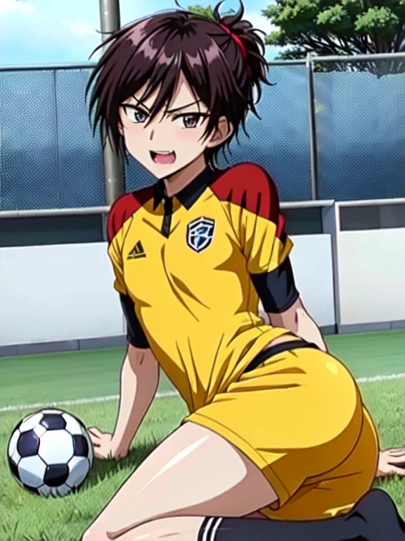 (((   Details鮮明でクリアな画質:1.2)))   High Quality   ,   Details, (Small Man),,(((Alone)))、   young ace striker male idol with a super cute face  , Beautiful Boy　 graphics ,   Nice Handsome Face and Smile   , Soccer cleats  ,   long legs   , Thighs, feet , No bulge   , (  black hair、  hair tied at the back 、  long hair、  One Eye Is Hidden by Hair  :1.2)、   shiny hair, (  tight,  Shiny Random Colored Soccer Jersey), (  tightで光沢のあるサッカーショーツ  ), (   soccer socks   ), Lawn area ,   cool pose, (厚いThighs、   Seduces Your Big Butt to Your Groin   )、(((   soccer field in the park   )))、((Cheeky、))、   smirking   、 Put, 超 Detailsな絵画, (最   High Quality   , In 4K, 8k,    high definition   ,   debris flies:1.2),   service shot   、((   Detailsな目:1.2))、 、 Big Butt with One Shoulder out   、 Proud Ass  、(( Noticing Middle-Aged Gay Men's Sexual Gaze )))