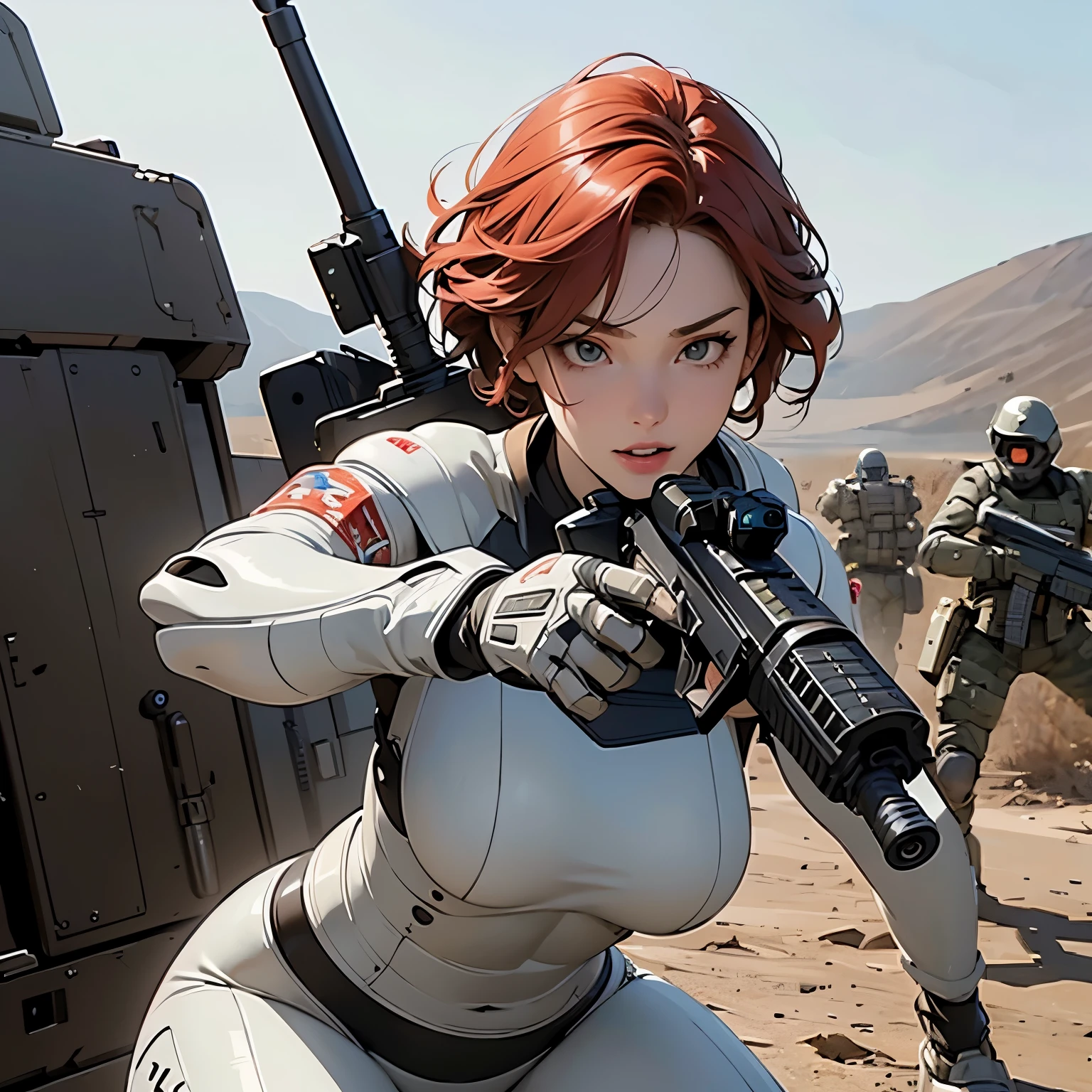 nsfw, anime screencap, 16K, perfect ??????? proportion body, perfect hands, action, A dynamic composition with a sense of speed and movement, (Hold an assault rifle:1.6), a wife, 40age, perfect beautiful delicate sexy face, perfect beautiful delicate slanted eyes, red hair, swept bangs pixie cut, medium breasts, abs, Heavy armored steam engine sexy powered suit with exquisite chainmail, Many robot soldiers having a gunfight in the background, Flying bullets, Desert Battlefield, war, Post-apocalyptic,