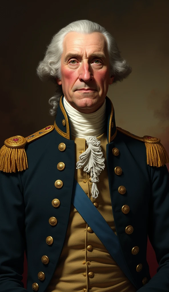 A historical portrait of George Washington, dressed in 18th-century military uniform, with a composed and dignified expression. Classic lighting highlights his face and uniform.
